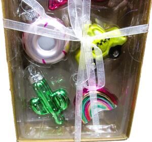 Glass Holiday Ornament Set Six Unique Designs Cactus Rainbow Duck Candy Shapes